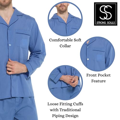 Lora Dora Strong Soul Mens Traditional 2 Piece Pyjamas, Plain Blue, M