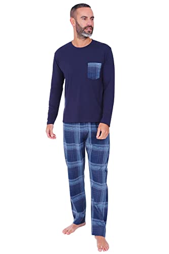 ThePyjamaFactory Mens Navy Long Pyjama Set Checked Bottoms (XXX-Large)