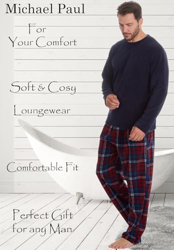 MICHAEL PAUL Mens Soft & Cosy Fleece Pyjamas | Warm PJ Set Nightwear Sleepwear Loungewear Modern Set with Check Bottoms | Soft Twosie Pyjama Set for Men Gifts for Him L NAVY/burg