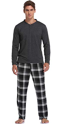 Vlazom Men's Pajamas Set Long Sleeves Soft Pj Top and Plaid Pants for Sleepwear Loungewear with Pockets,A-Black,L