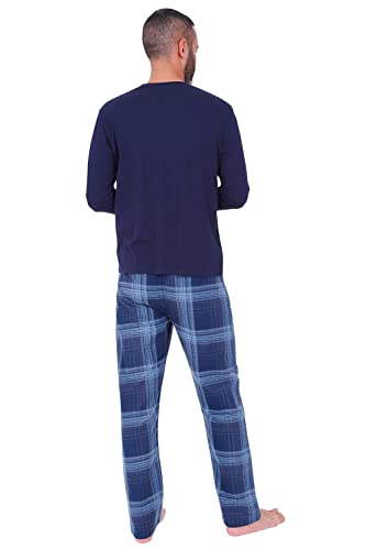 ThePyjamaFactory Mens Navy Long Pyjama Set Checked Bottoms (XXX-Large)