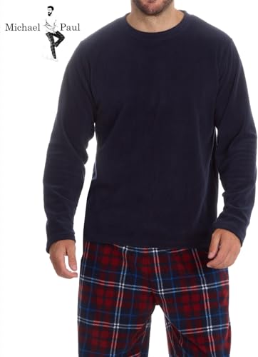 MICHAEL PAUL Mens Soft & Cosy Fleece Pyjamas | Warm PJ Set Nightwear Sleepwear Loungewear Modern Set with Check Bottoms | Soft Twosie Pyjama Set for Men Gifts for Him L NAVY/burg