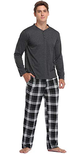 Vlazom Men's Pajamas Set Long Sleeves Soft Pj Top and Plaid Pants for Sleepwear Loungewear with Pockets,A-Black,L