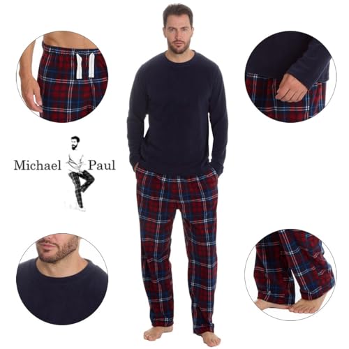 MICHAEL PAUL Mens Soft & Cosy Fleece Pyjamas | Warm PJ Set Nightwear Sleepwear Loungewear Modern Set with Check Bottoms | Soft Twosie Pyjama Set for Men Gifts for Him L NAVY/burg
