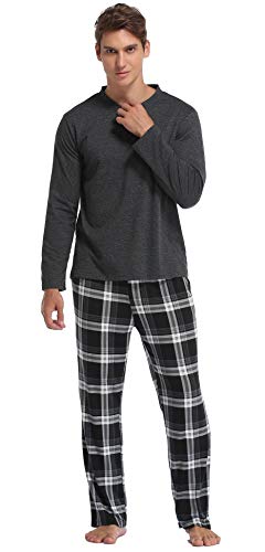 Vlazom Men's Pajamas Set Long Sleeves Soft Pj Top and Plaid Pants for Sleepwear Loungewear with Pockets,A-Black,L