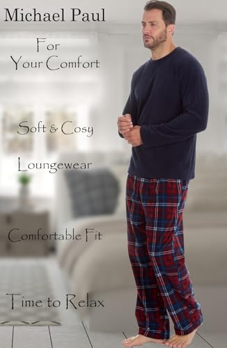 MICHAEL PAUL Mens Soft & Cosy Fleece Pyjamas | Warm PJ Set Nightwear Sleepwear Loungewear Modern Set with Check Bottoms | Soft Twosie Pyjama Set for Men Gifts for Him L NAVY/burg
