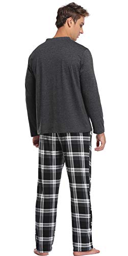 Vlazom Men's Pajamas Set Long Sleeves Soft Pj Top and Plaid Pants for Sleepwear Loungewear with Pockets,A-Black,L