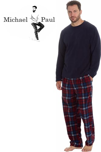 MICHAEL PAUL Mens Soft & Cosy Fleece Pyjamas | Warm PJ Set Nightwear Sleepwear Loungewear Modern Set with Check Bottoms | Soft Twosie Pyjama Set for Men Gifts for Him L NAVY/burg