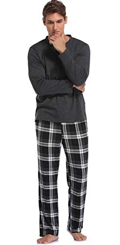 Vlazom Men's Pajamas Set Long Sleeves Soft Pj Top and Plaid Pants for Sleepwear Loungewear with Pockets,A-Black,L