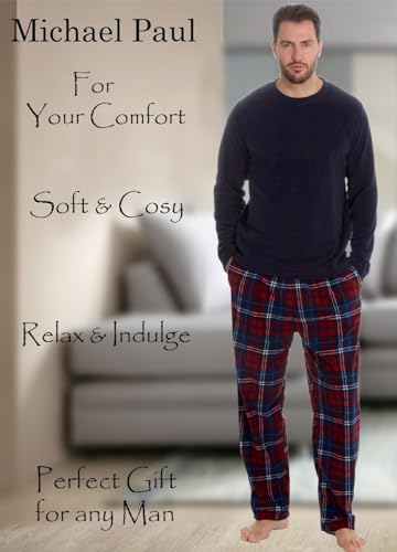 MICHAEL PAUL Mens Soft & Cosy Fleece Pyjamas | Warm PJ Set Nightwear Sleepwear Loungewear Modern Set with Check Bottoms | Soft Twosie Pyjama Set for Men Gifts for Him L NAVY/burg