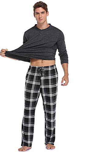 Vlazom Men's Pajamas Set Long Sleeves Soft Pj Top and Plaid Pants for Sleepwear Loungewear with Pockets,A-Black,L