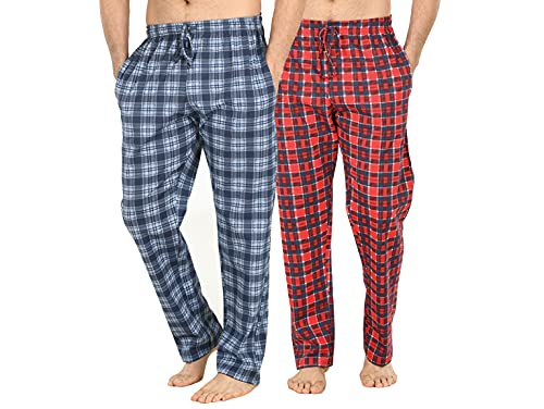 Men's long Lounge Wear Pants Nightwear (Two pack) Pyjama Bottoms Sleepwear (Red/Navy Check, Medium)