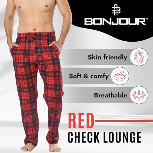 Men's long Lounge Wear Pants Nightwear (Two pack) Pyjama Bottoms Sleepwear (Red/Navy Check, Medium)