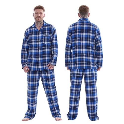 Keanu Mens Brushed 100% Pure Cotton Pyjamas - Brushed Thermal Flannel PJs - Winter Warm Supersoft - (Blue/Grey Check, Medium)