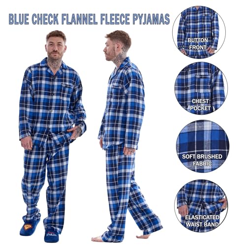 Keanu Mens Brushed 100% Pure Cotton Pyjamas - Brushed Thermal Flannel PJs - Winter Warm Supersoft - (Blue/Grey Check, Medium)