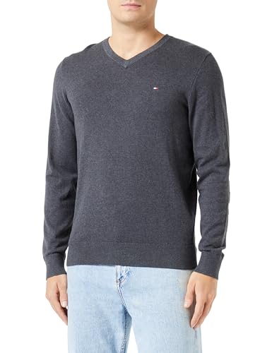 Tommy Hilfiger Men's DE Cotton V Neck Pullovers, Dark Grey Heather, L