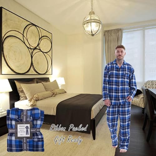 Keanu Mens Brushed 100% Pure Cotton Pyjamas - Brushed Thermal Flannel PJs - Winter Warm Supersoft - (Blue/Grey Check, Medium)