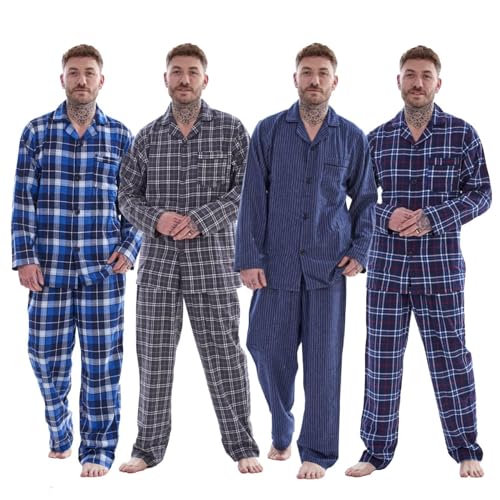 Keanu Mens Brushed 100% Pure Cotton Pyjamas - Brushed Thermal Flannel PJs - Winter Warm Supersoft - (Blue/Grey Check, Medium)