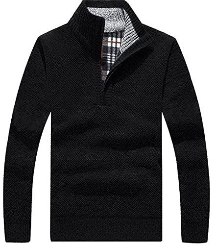 Les umes Men's Half Zip Jumper Plaid Fleece Lined Knit Turtleneck Sweater Warm Long Sleeve Stand Collar Pullover Black XL