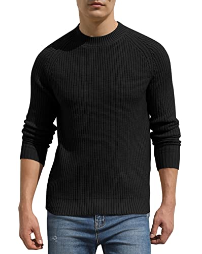 Hisir Mens Jumpers Tops Winter Wool Knit Crew Neck Raglan Jumper Long Sleeve Soft Warm Knitwear Pullover Sweaters for Men (Black, L)