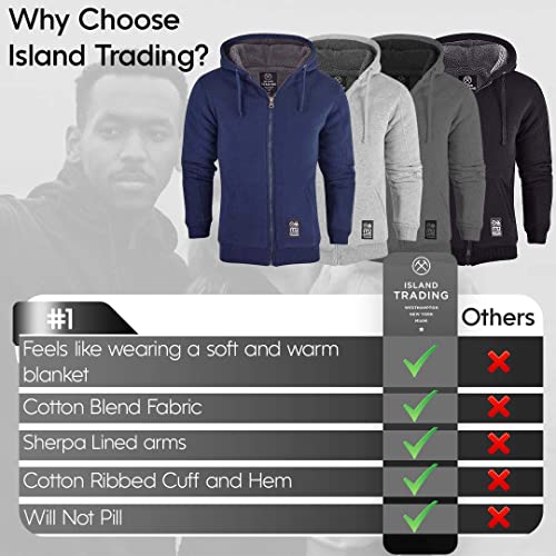 Island Trading Mens Cotton Padded Borg Fleece Sherpa Lined Full Zip Up Hoodie Sweatshirt Jacket XX Large Navy Blue