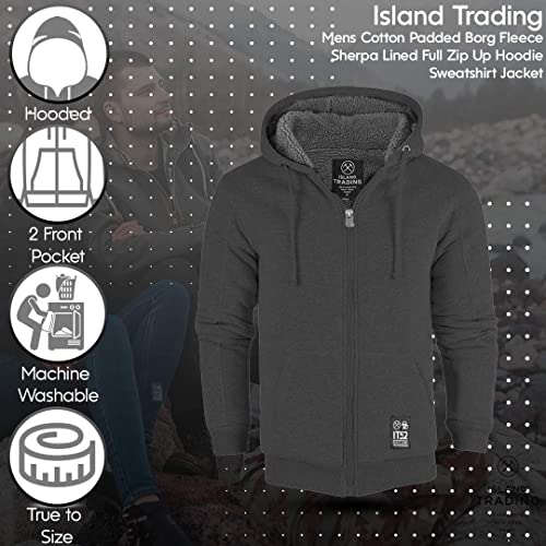 Island Trading Mens Cotton Padded Borg Fleece Sherpa Lined Full Zip Up Hoodie Sweatshirt Jacket XX Large Navy Blue