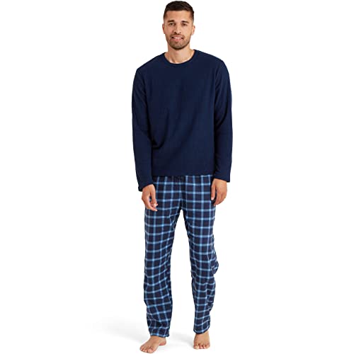 Snuggaroo Mens Soft Fleece Checked Pyjamas Set - Navy/Blue - L
