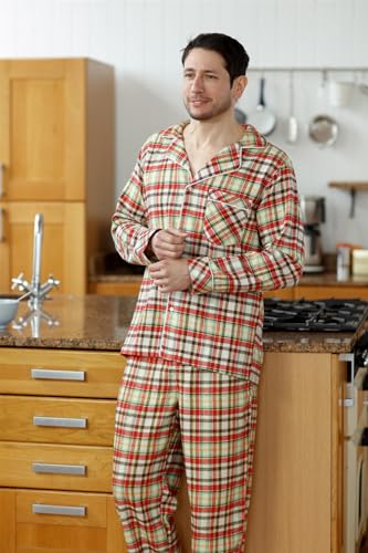 Bogari Mens Check Pyjama 2 Piece Set Brushed Cotton Flannel Warm and Comfortable Designed in Italy, Red Check ZA02, L