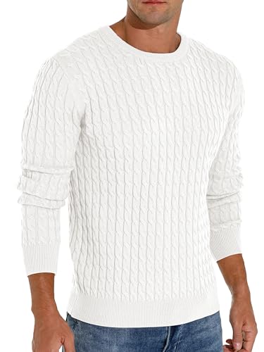 Hisir Men's Winter Cable Knit Jumpers Casual Crew Neck Warm Long Sleeve Pullover Sweater Tops for Men (White, L)