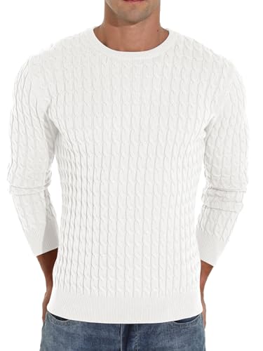 Hisir Men's Winter Cable Knit Jumpers Casual Crew Neck Warm Long Sleeve Pullover Sweater Tops for Men (White, L)