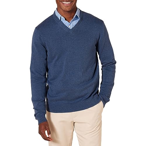 Amazon Essentials Men's V-Neck Sweater (Available in Big & Tall), Blue Heather, L