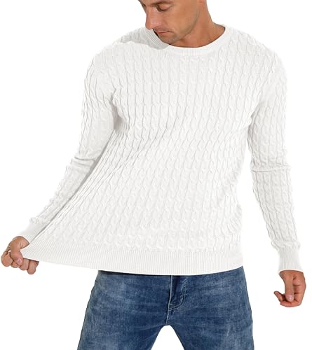 Hisir Men's Winter Cable Knit Jumpers Casual Crew Neck Warm Long Sleeve Pullover Sweater Tops for Men (White, L)