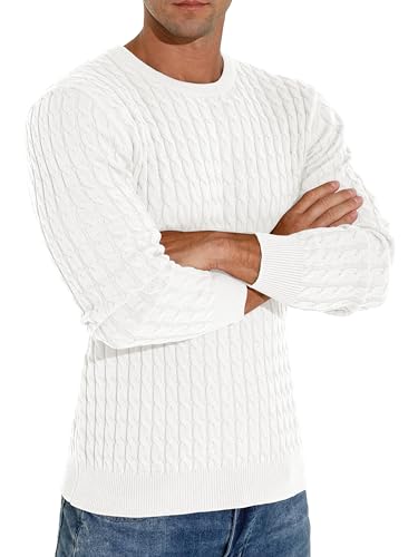 Hisir Men's Winter Cable Knit Jumpers Casual Crew Neck Warm Long Sleeve Pullover Sweater Tops for Men (White, L)