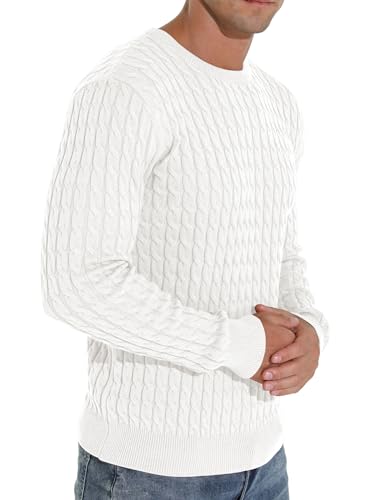 Hisir Men's Winter Cable Knit Jumpers Casual Crew Neck Warm Long Sleeve Pullover Sweater Tops for Men (White, L)