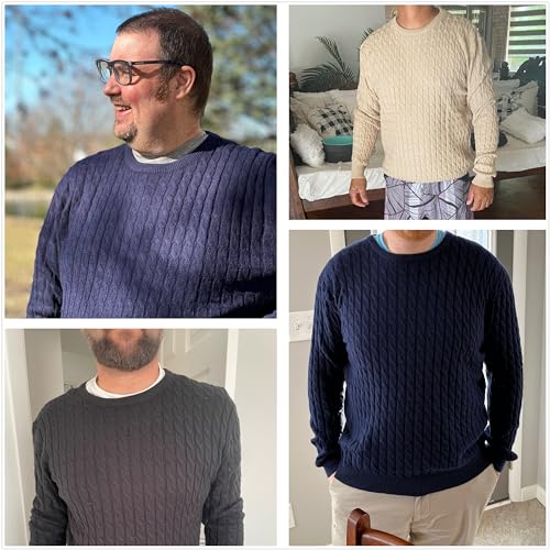 Hisir Men's Winter Cable Knit Jumpers Casual Crew Neck Warm Long Sleeve Pullover Sweater Tops for Men (White, L)
