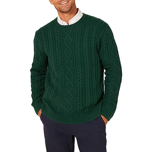 Amazon Essentials Men's Long-Sleeve 100% Cotton Fisherman Cable Crewneck Jumper, Dark Green, M