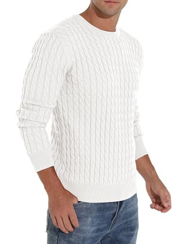 Hisir Men's Winter Cable Knit Jumpers Casual Crew Neck Warm Long Sleeve Pullover Sweater Tops for Men (White, L)