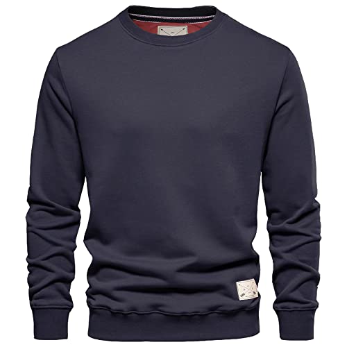 Mens Premium Branded Crew Neck Cotton Sweater Jumper Pullover Sweatshirt Black Navy Charcoal S M L XL 2XL (Navy - M)