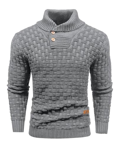 Qinfren Men's Jumpers Tops Winter Warm Knitted Stand Collar Jumper Long Sleeve Knitwear Pullover Sweaters for Men Buttons Twisted Winter Jumper Grey