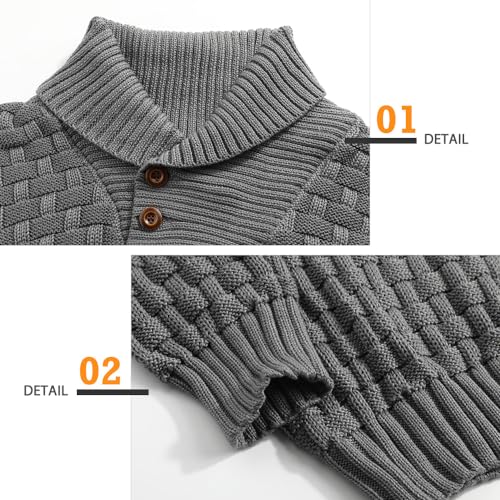 Qinfren Men's Jumpers Tops Winter Warm Knitted Stand Collar Jumper Long Sleeve Knitwear Pullover Sweaters for Men Buttons Twisted Winter Jumper Grey