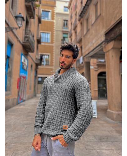 Qinfren Men's Jumpers Tops Winter Warm Knitted Stand Collar Jumper Long Sleeve Knitwear Pullover Sweaters for Men Buttons Twisted Winter Jumper Grey