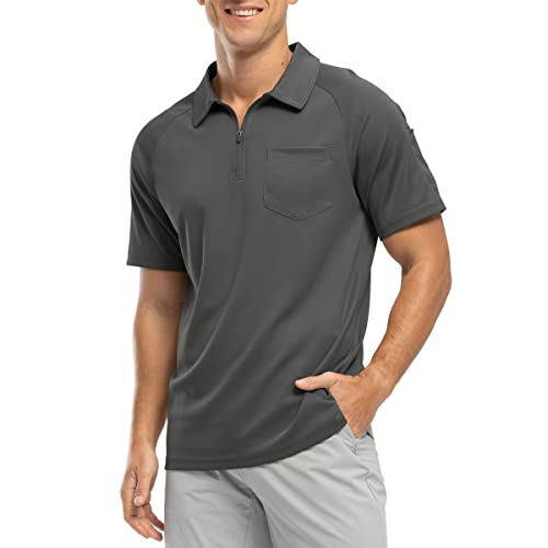 Rdruko Mens Polo Shirts Short Sleeve Summer 1/4 Zip Neck Work T-Shirs Breathable Wicking Quick Dry Casual Smart Golf Tops with Pocket Dark Grey L
