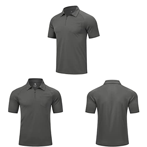 Rdruko Mens Polo Shirts Short Sleeve Summer 1/4 Zip Neck Work T-Shirs Breathable Wicking Quick Dry Casual Smart Golf Tops with Pocket Dark Grey L