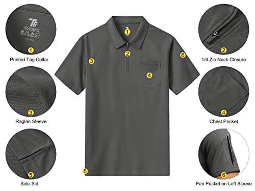 Rdruko Mens Polo Shirts Short Sleeve Summer 1/4 Zip Neck Work T-Shirs Breathable Wicking Quick Dry Casual Smart Golf Tops with Pocket Dark Grey L