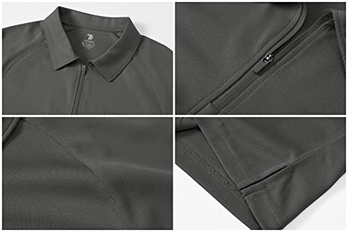Rdruko Mens Polo Shirts Short Sleeve Summer 1/4 Zip Neck Work T-Shirs Breathable Wicking Quick Dry Casual Smart Golf Tops with Pocket Dark Grey L
