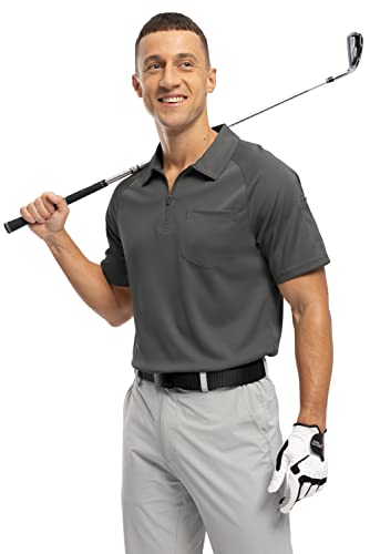 Rdruko Mens Polo Shirts Short Sleeve Summer 1/4 Zip Neck Work T-Shirs Breathable Wicking Quick Dry Casual Smart Golf Tops with Pocket Dark Grey L