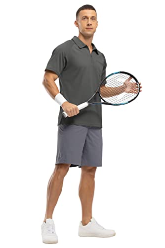 Rdruko Mens Polo Shirts Short Sleeve Summer 1/4 Zip Neck Work T-Shirs Breathable Wicking Quick Dry Casual Smart Golf Tops with Pocket Dark Grey L