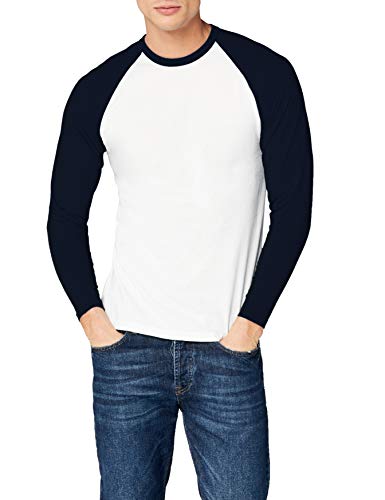 Fruit of the Loom Men's Baseball Classic Long Sleeve T-Shirt, White/Navy, Medium