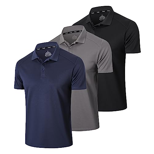 frueo 3 Pack Mens Polo Shirts Short Sleeve Dry Fit Lightweight Golf Casual Collared Tops Breathable Moisture Wicking Work Shirts（0427） Black Grey Navy-M