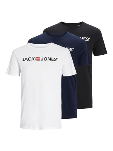 JACK & JONES Men's Jjecorp Logo Tee SS Crew Neck 3pk MP T-Shirt, White/Pack: 1black 1navy Blazer 1 White, XXL (Pack of 3)